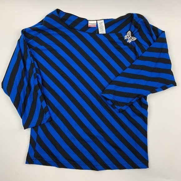 No Boundaries Blouse Juniors 1X 17 Round Neck Quarter Sleeves Black Blue Stripes - Picture 1 of 8